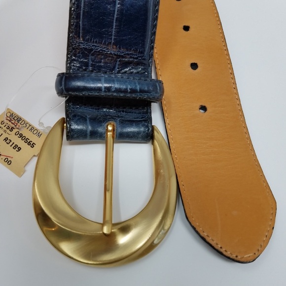 New S Nordstrom Leather Belt Croc Retro Navy - Picture 4 of 5